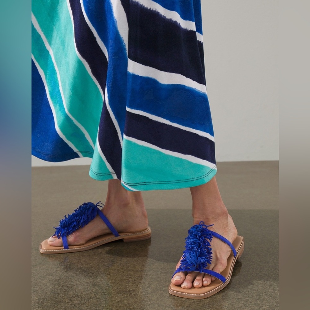 Chicos Blue Tan Suede Tassel Fringe Suede Slide Sandals Beach Summer Spring